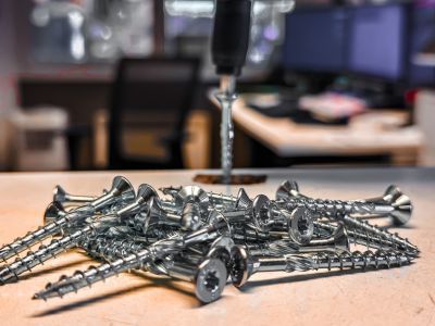 Schrauben liegen auf Werkbank, Bohrmaschine bereit – zeigt Vorbereitung zur Montage mit Befestigungstechnik Schrauben liegen auf Werkbank, Bohrmaschine bereit – zeigt Vorbereitung zur Montage mit Befestigungstechnik