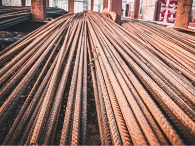 Stahlbewehrung gebündelt auf Baustelle, zeigt spezielle Bauartikel für Stabilität und Tragfähigkeit
